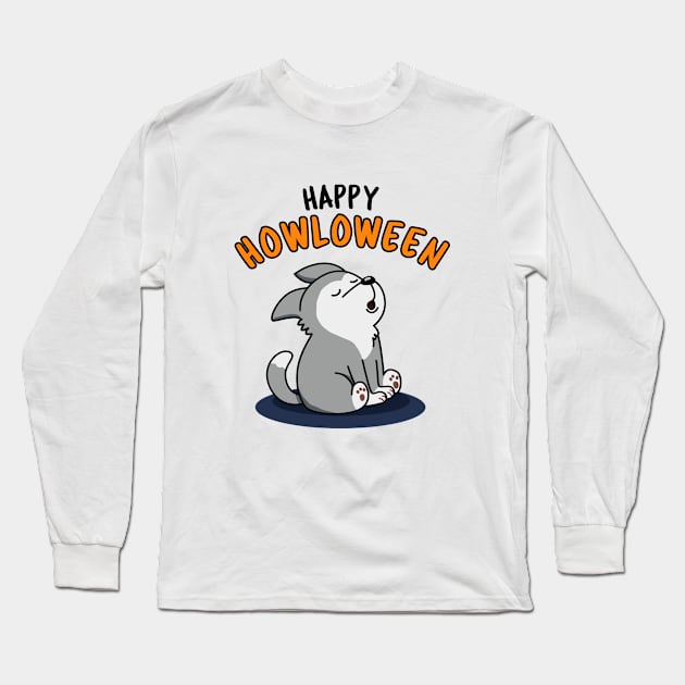 Happy Howloween Cute Halloween Wolf Pun Long Sleeve T-Shirt by punnybone